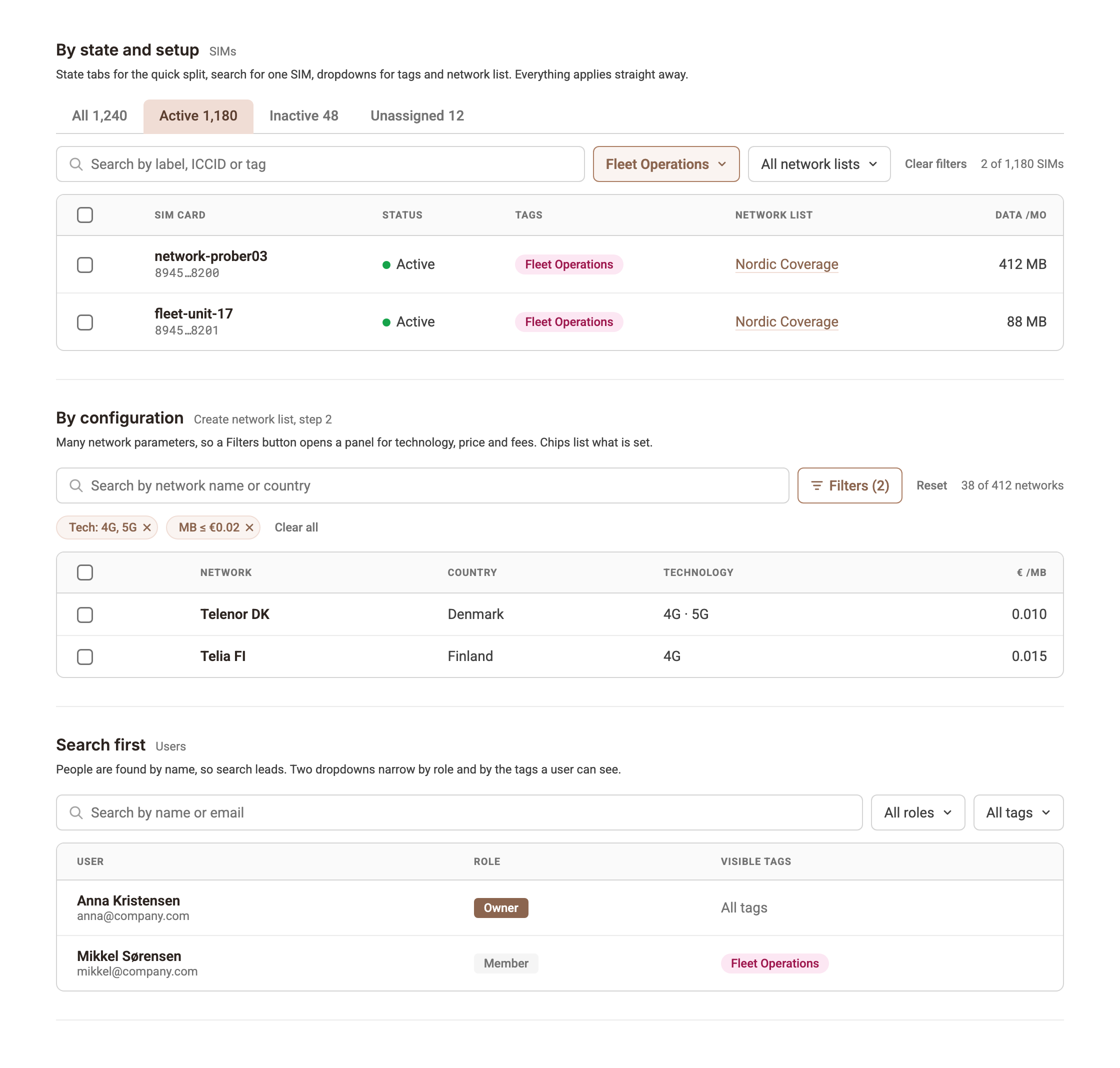 Filter bars in the platform: SIMs by state and setup, create network list by configuration, users search first